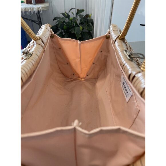 Vintage Simon Handmade Woven Basket Handbag Beige Gold Pink Dual Handles Neutral - Picture 6 of 9